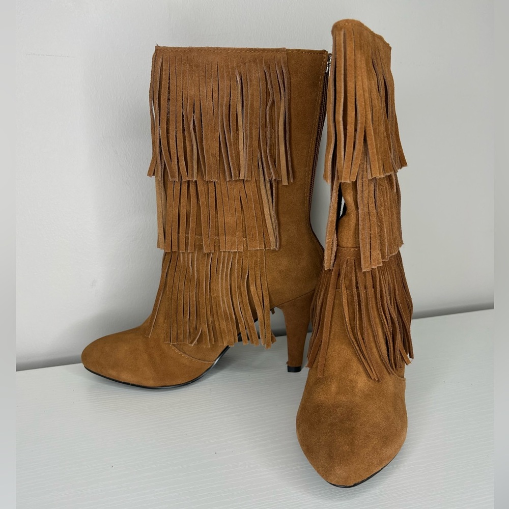 NEW Catherine Malandrino suede leather fringe heeled stiletto boots/festival. - Picture 1 of 14